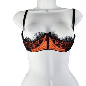 Fredericks Of Hollywood Lux Lace Open Bra Size 14 NWT Orange Satin / Black Lace